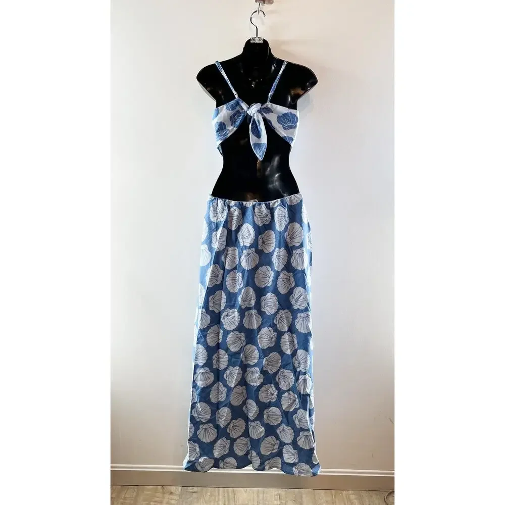 Abercrombie Julia Cutout Tie Back Shell Print Linen Blend Maxi Slip Dress Blue